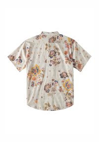 Lyhythihainen kukkakuvioitu paita kermaan sävyssä, jossa monivärisiä kukkia. Vaatteessa on rento leikkaus, takana yläosa ja napillinen kaulus.