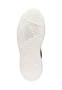 Hvid gummisål med et stjerne mønster, zigzag tekstur og ventilationshuller. Brandlogoet 'GEOX' er synligt nær hælen.