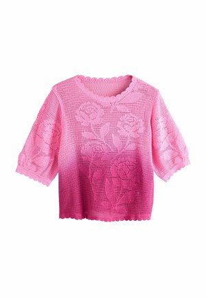 Roze gehaakte top met korte mouwen, geschulpte randen en verhoogde bloemmotieven aan de voorkant en op de mouwen.