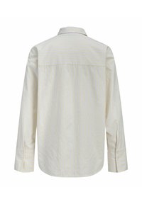 Chemise à boutons en tissu léger avec de fines rayures verticales en jaune pâle et bleu. Empiècement au dos unique et manches longues avec poignets à boutons.