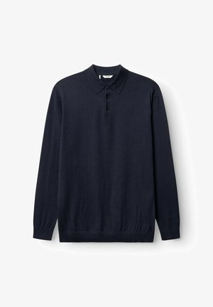 Navy blue long-sleeve polo shirt made of smooth fabric, featuring a classic collar, three-button placket, and ribbed cuffs and hem.