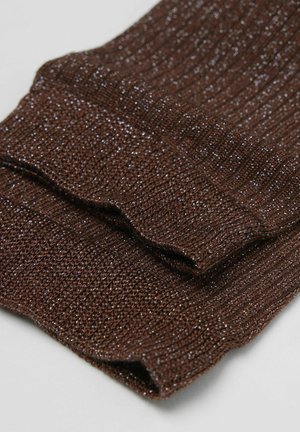 Brown ribbed textile with metallic threads, featuring a soft texture and layered folds. Visible sheen adds depth to the fabric.