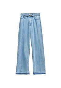 Vaqueros de pierna ancha de color azul claro, confeccionados en denim, con una cintura alta, cinco bolsillos y costuras decorativas a lo largo de las costuras y dobladillo.