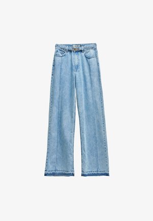 Vaqueros de pierna ancha de color azul claro, confeccionados en denim, con una cintura alta, cinco bolsillos y costuras decorativas a lo largo de las costuras y dobladillo.