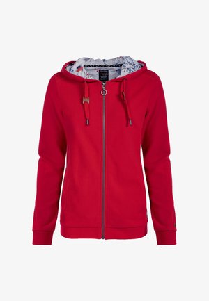 Sweat à capuche rouge zippé, en coton. Comprend une doublure à motif dans la capuche, une fermeture à cordon et des poignets et ourlet côtelés.