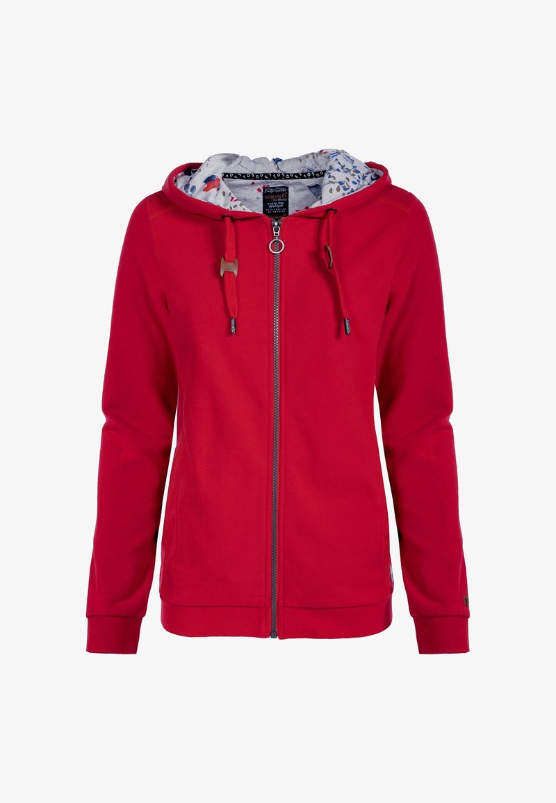 Sweat à capuche rouge zippé, en coton. Comprend une doublure à motif dans la capuche, une fermeture à cordon et des poignets et ourlet côtelés.