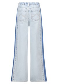 Light blue wide-leg jeans with darker blue side panels, elastic waistband, and two back pockets with stitched detailing.