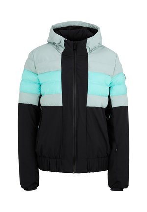 Puffer jacket with a hood, featuring light blue, grey, and black color blocks. Has a front zipper and elastic cuffs. Smooth texture.