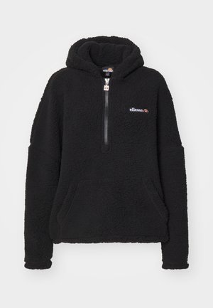 Svart fleece hettegenser med kvart glidelås, kengurulomme og kontrastlogo. Myk tekstur og oversized design for varme og komfort.