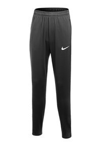 Schwarze Sporthose aus glattem Polyesterstoff, mit einem elastischen Bund und einem weißen Nike-Logo auf dem rechten Oberschenkel.