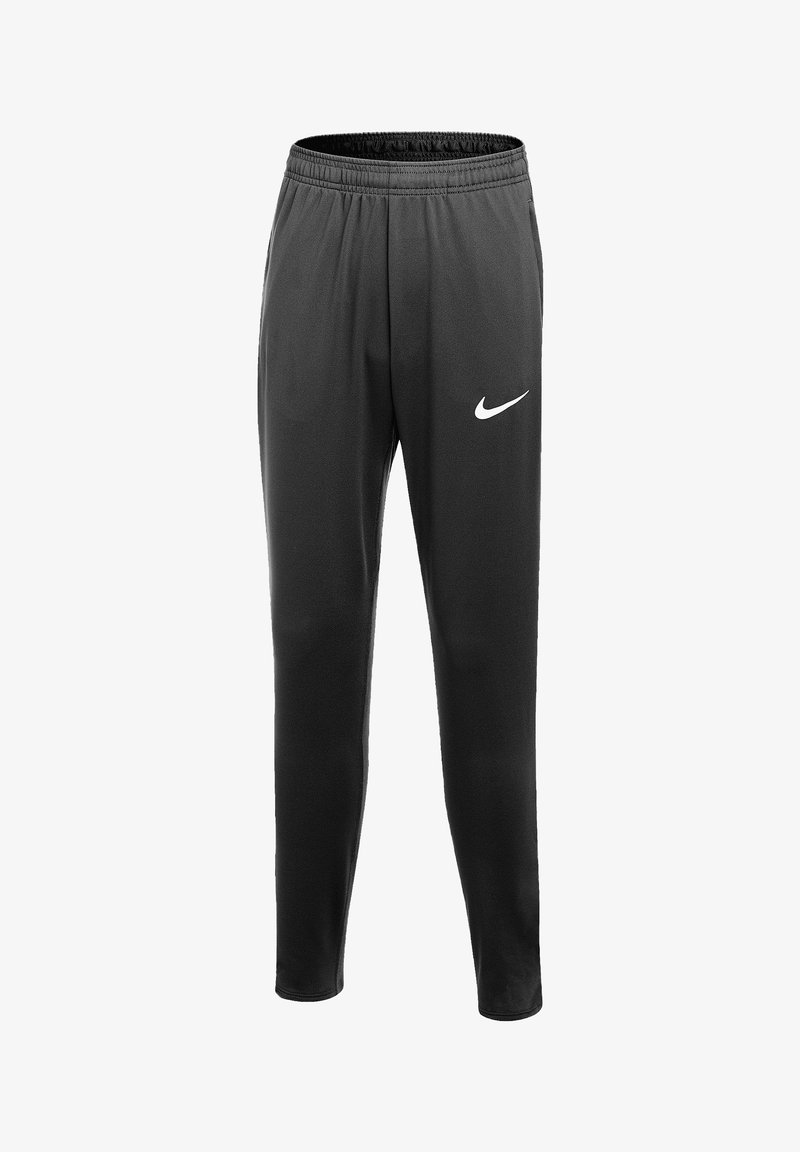 Schwarze Sporthose aus glattem Polyesterstoff, mit einem elastischen Bund und einem weißen Nike-Logo auf dem rechten Oberschenkel.