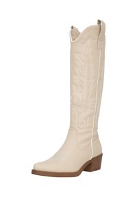 Bota vaquera de cuero beige hasta la rodilla con bordado floral blanco y tacón apilado. Presenta tiradores para facilitar el uso y un diseño elegante.