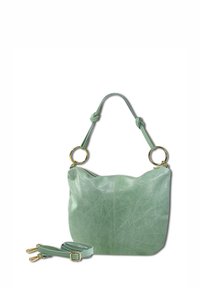 Groene lederen handtas met een ronde vorm, gouden hardware ringen, geknoopte schouderriem en afneembare crossbodyriem. Glad, gestructureerd oppervlak.