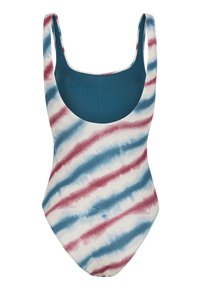 Eénstuk zwempak met een tie-dye patroon in rood, blauw en wit. Heeft een ronde halslijn en een gladde, textuurstof.
