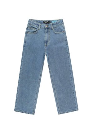 Lichtblauwe denim jeans met een wijdvallend ontwerp, hoge taille, twee voorzakken en een enkele achterzak. Gestikte naden en een knoopsluiting.