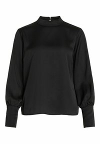 Schwarze Bluse mit langen Puffärmeln, hohem Kragen und Schlüssellochverschluss hinten. Hergestellt aus glattem Stoff mit lockerer Passform und minimaler Detailierung.