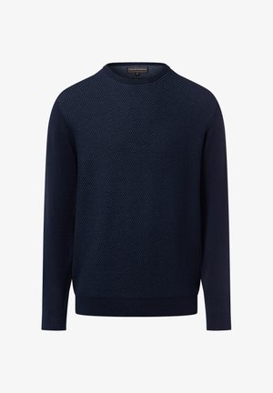 Marineblauwe gebreide trui met een textuurpatroon, ronde hals en geribde mouwen en zoom. Eenvoudig, effen ontwerp zonder extra versieringen.