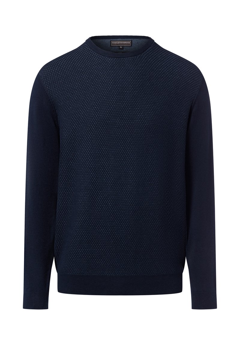 Marineblauer Strickpullover mit strukturiertem Muster, Rundhalsausschnitt und gerippten Manschetten und Saum. Einfaches, einfarbiges Design ohne zusätzliche Verzierungen.