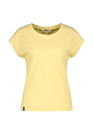 Gelbes kurzärmliges Damen-T-Shirt mit rundem Ausschnitt und kleinem schwarzem Markenschild an der unteren linken Saumkante, auf weißem Hintergrund präsentiert.