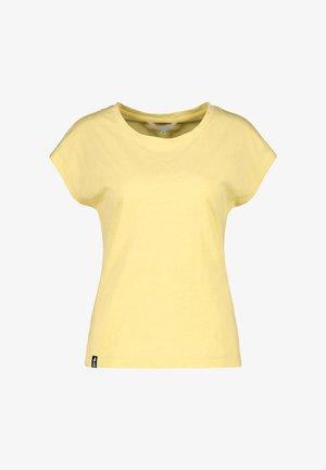 Gelbes kurzärmliges Damen-T-Shirt mit rundem Ausschnitt und kleinem schwarzem Markenschild an der unteren linken Saumkante, auf weißem Hintergrund präsentiert.