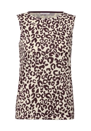 Mouwloze top in een crèmekleur met een bruine luipaardprint. Zachte stof met een ronde halslijn en een rechte snit aan de zoom.