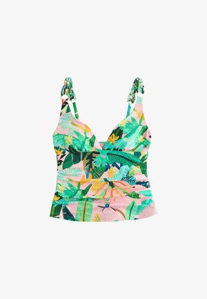 Roze tropische crop top met groene bladeren, bloemen en vogels, met verstelbare schouderbanden met gevlochten details.