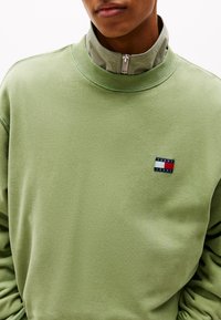 Svetlozelená mikina s vysokým golierom a zipsom. Obsahuje malú nášivku s logom Tommy Jeans v modrej, bielej a červenej farbe. Hladká textúra.