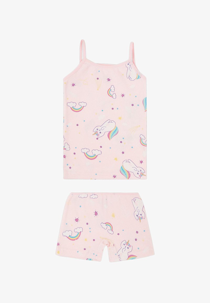 Puuvillane pidžaama komplekt, mis sisaldab roosa tippu ja šortse, kaunistatud pastellsete vikerkaarade, pilvede ja ükssarvikutega, ribakujuline tekstuur.
