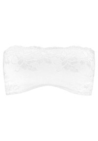 Valge pitsiline bandeau rinnahoidja, millel on lillemustrid, tekstiilne mesh keha ja sujuv disain laineliste äärtega.