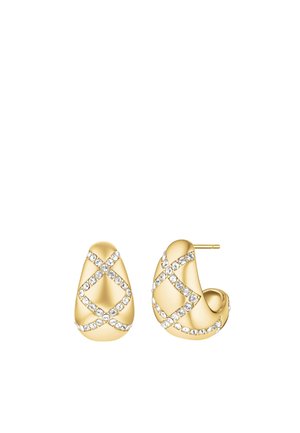 Gold-tone hoop earrings with crisscross patterns of clear rhinestones, shown from front and side angles on a white background.