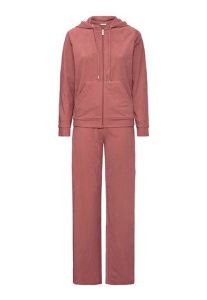 Rosa Trainingsanzugset bestehend aus einem Reißverschluss-Hoodie mit einer Fronttasche und passenden, lässig geschnittenen Hosen. Weicher Stoff mit glatter Textur.