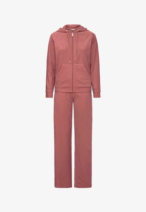 Rosa Trainingsanzugset bestehend aus einem Reißverschluss-Hoodie mit einer Fronttasche und passenden, lässig geschnittenen Hosen. Weicher Stoff mit glatter Textur.