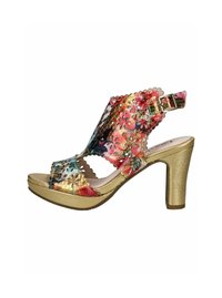 Blume-bedruckte High-Heel-Sandale mit einer goldfarbenen, strukturierten Sohle, ausgestattet mit einem Ausschnitt-Design und einem verstellbaren Knöchelriemen mit einer metallischen Schnalle.