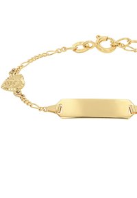 Pulsera de oro con una delicada cadena, que presenta un charm en forma de corazón y una barra rectangular lisa para grabar. Acabado pulido, diseño ligero.