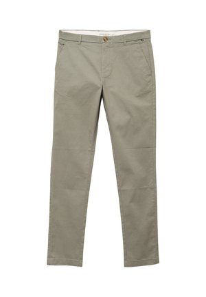 Slim fit beige herenbroek met zijzakken, riemlussen en knoopsluiting, weergegeven op een witte achtergrond.