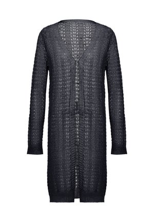 Long cardigan noir en tricot avec décolleté en V, ouverture sur le devant, manches à bords côtes et un motif texturé. Il présente une coupe ample et décontractée.