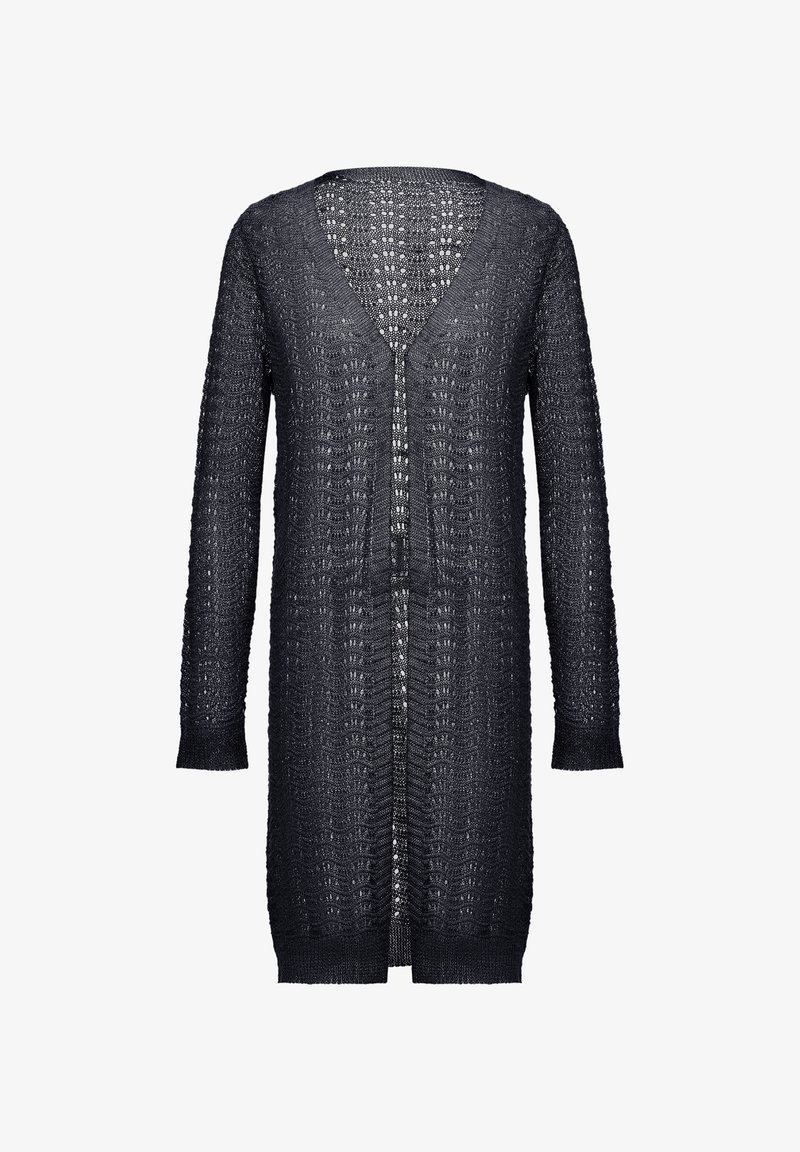 Hosszú fekete kötött kardigán V-nyakkal, nyitott elülső résszel, bordázott mandzsettákkal és texturált mintával. Laza, kényelmes szabású.