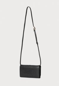 Black crossbody bag made of textured material, featuring a long adjustable strap and a compact rectangular shape.