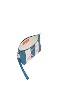 Borsetta a strisce blu e bianche in tela, con logo ricamato rosa, chiusura a zip superiore e tracolla rimovibile.
