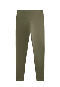 Rugalmas anyagból készült olívazöld leggings. Magas derékpánt, sima textúra, teljes hosszúságú kialakítás, látható minták vagy díszítések nélkül.