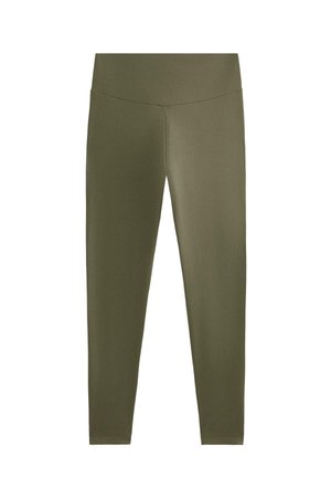 Legice olivno zelene barve iz raztegljivega blaga. Visok pas, gladka tekstura, celotna dolžina, brez vidnih vzorcev ali okraskov.