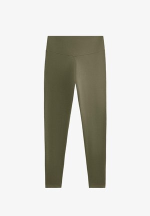 Legice olivno zelene barve iz raztegljivega blaga. Visok pas, gladka tekstura, celotna dolžina, brez vidnih vzorcev ali okraskov.