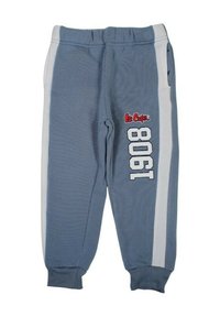 Pantalon de survêtement bleu avec des bandes blanches sur les côtés, des poignets élastiques et l'inscription « Lee Cooper 1908 » imprimée sur la jambe droite.