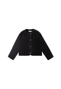 Chaqueta negra de manga larga texturizada con escote redondeado, cierre delantero de botones y corte boxy. Fabricada con un material suave con una superficie estampada.
