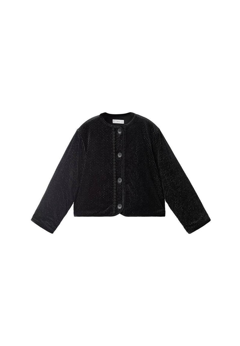Chaqueta negra de manga larga texturizada con escote redondeado, cierre delantero de botones y corte boxy. Fabricada con un material suave con una superficie estampada.