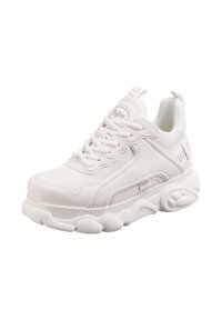 White sneaker featuring a mix of mesh and synthetic materials, thick sole, round toe, laces, and branding detail on the side and tongue.