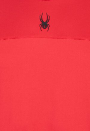 Rotes Kurzarmkleidungsstück aus glattem Stoff, mit einem schwarzen Spinnenlogo auf der Brust und einem einfachen horizontalen Nahtdetail.