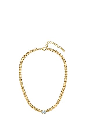 Goldene Kettenhalskette mit runden Gliedern und einem zentralen klaren Kristallakzent. Verstellbarer Verschluss mit einem kleinen Verlängerungselement für die Anpassung der Größe.