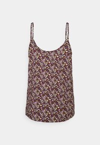 Camisole à motif floral avec fines bretelles ; conçue dans des tons de violet foncé, blanc, jaune et lavande sur un tissu doux et léger.