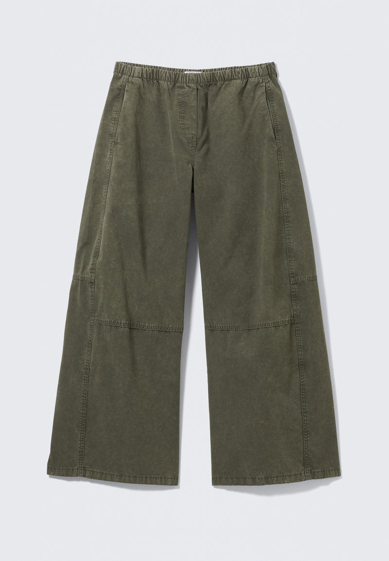 Olive green wide-leg pants with a relaxed fit, featuring an elastic waistband and contrasting stitched panels. Smooth cotton fabric.